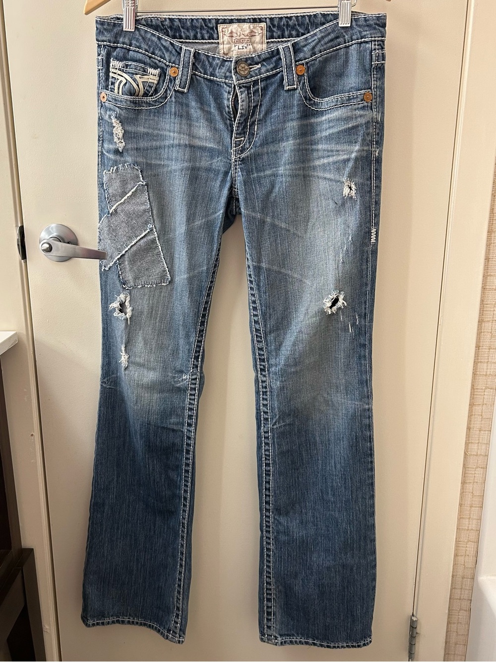 Big Star Women's Blue Distressed Flare Jeans with Patchwork